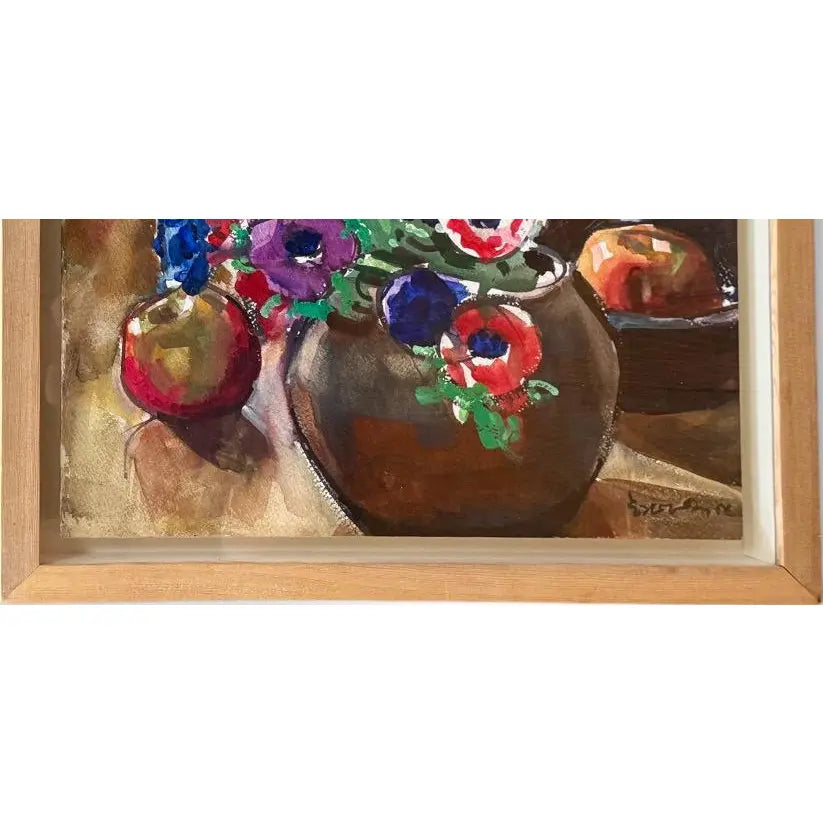 Modernist Floral Still Life Watercolor Anemones and Apples by Evangeline Smedley in Custom Shadow Box Frame 1986