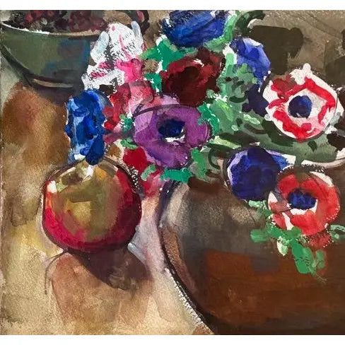 Modernist Floral Still Life Watercolor Anemones and Apples by Evangeline Smedley in Custom Shadow Box Frame 1986