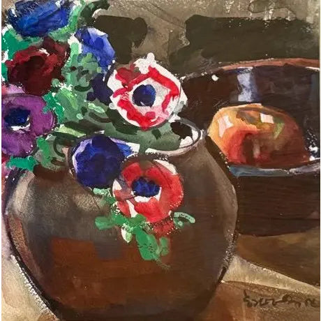 Modernist Floral Still Life Watercolor Anemones and Apples by Evangeline Smedley in Custom Shadow Box Frame 1986