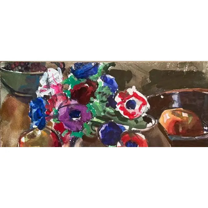 Modernist Floral Still Life Watercolor Anemones and Apples by Evangeline Smedley in Custom Shadow Box Frame 1986