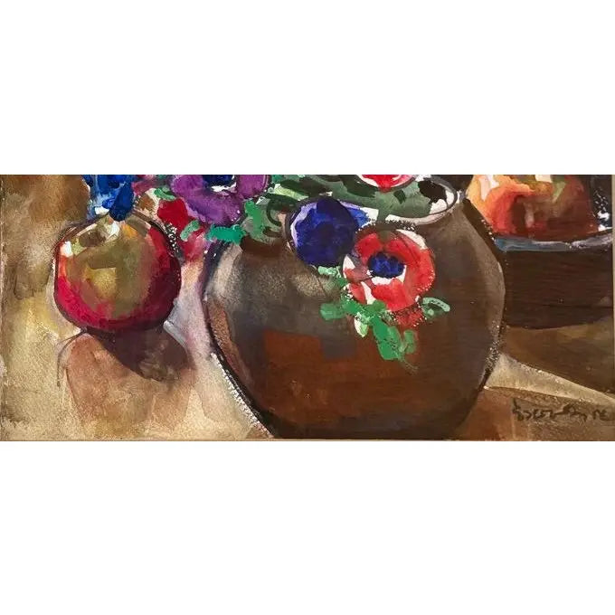 Modernist Floral Still Life Watercolor Anemones and Apples by Evangeline Smedley in Custom Shadow Box Frame 1986