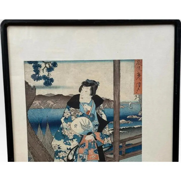Antique 19th Century Japanese Ukiyo-e Woodblock Print Prince Genji at Suma by Hiroshige and Kunisada