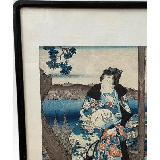 Antique 19th Century Japanese Ukiyo-e Woodblock Print Prince Genji at Suma by Hiroshige and Kunisada