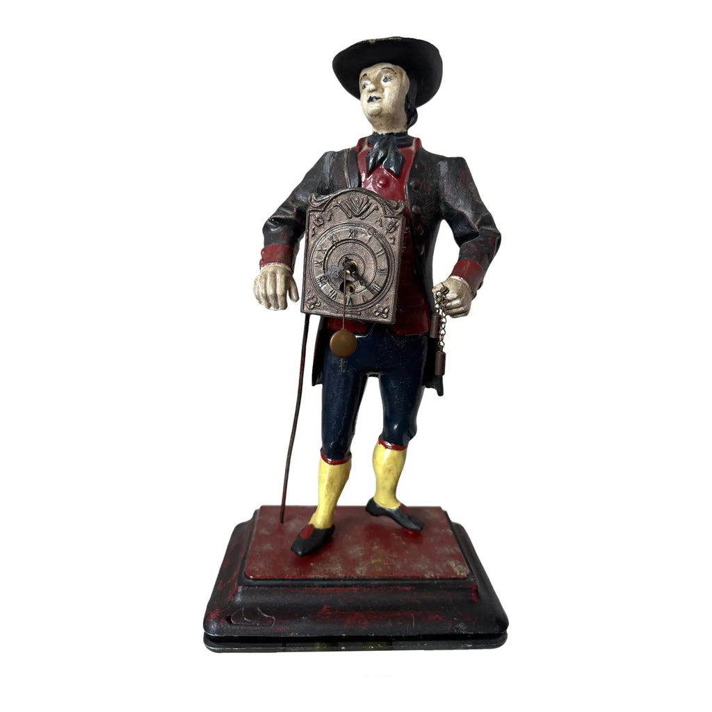 Antique Style Painted Cast Iron Dutch Peddler Clock Figure Folk Art Uhrenträger Mantelpiece Decor
