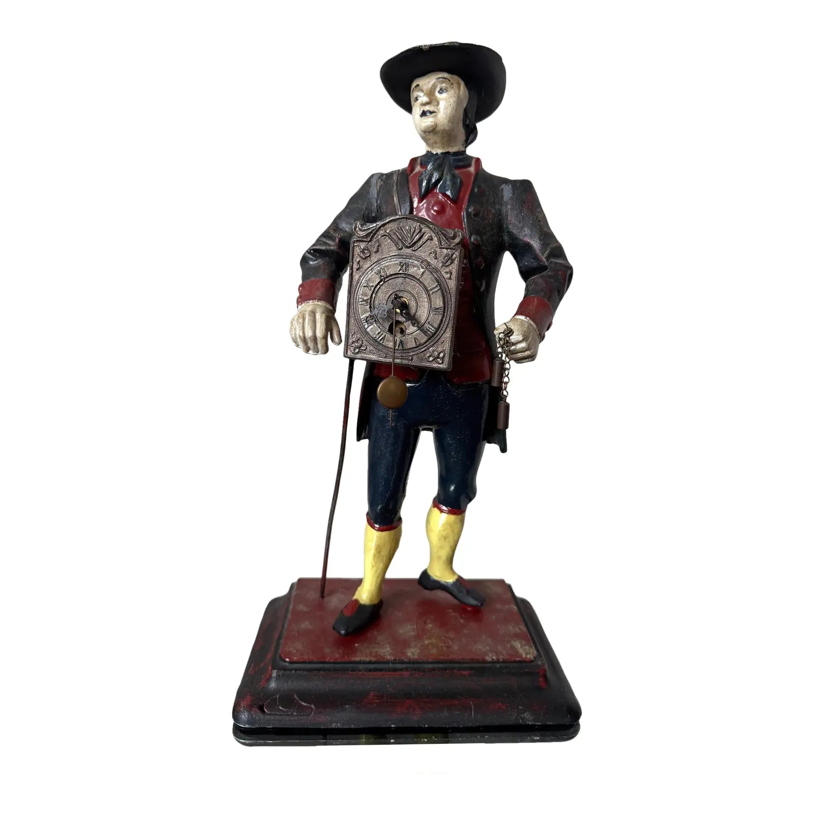 Antique Style Painted Cast Iron Dutch Peddler Clock Figure Folk Art Uhrenträger Mantelpiece Decor