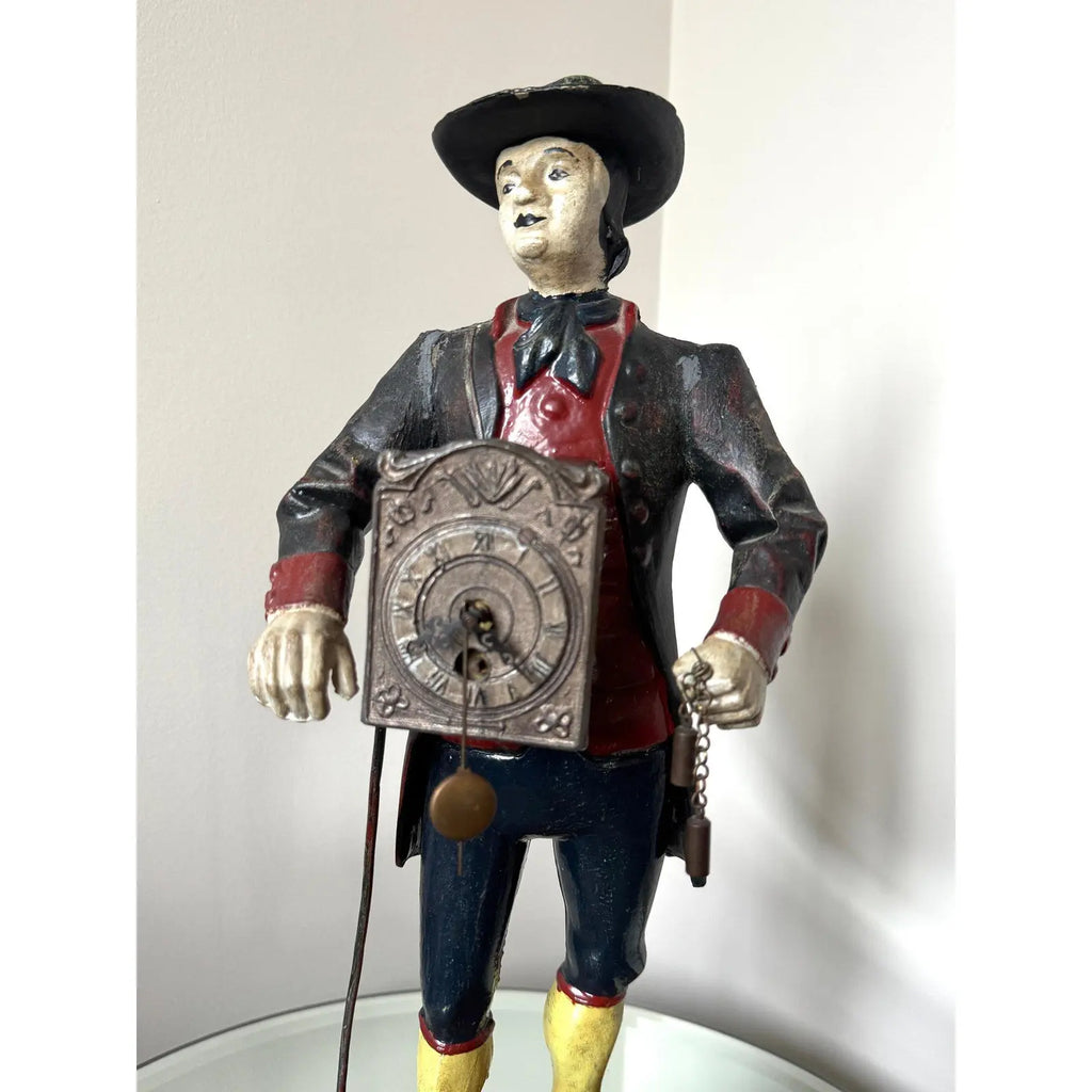 Antique Style Painted Cast Iron Dutch Peddler Clock Figure Folk Art Uhrenträger Mantelpiece Decor