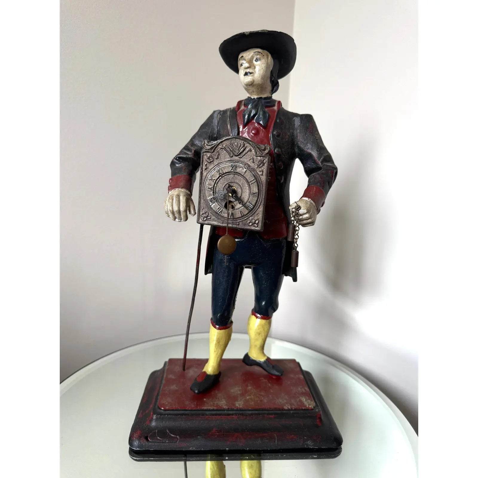 Antique Style Painted Cast Iron Dutch Peddler Clock Figure Folk Art Uhrenträger Mantelpiece Decor