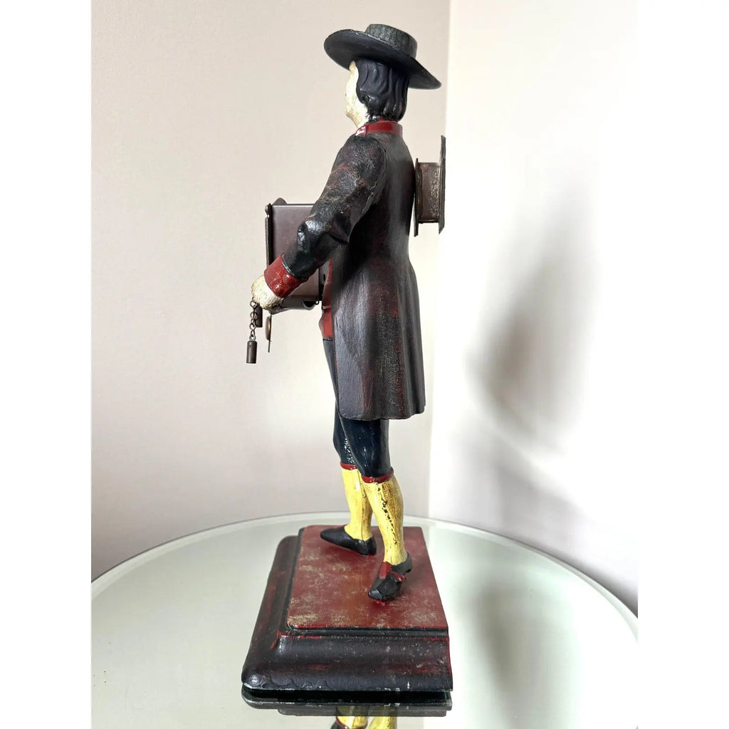 Antique Style Painted Cast Iron Dutch Peddler Clock Figure Folk Art Uhrenträger Mantelpiece Decor