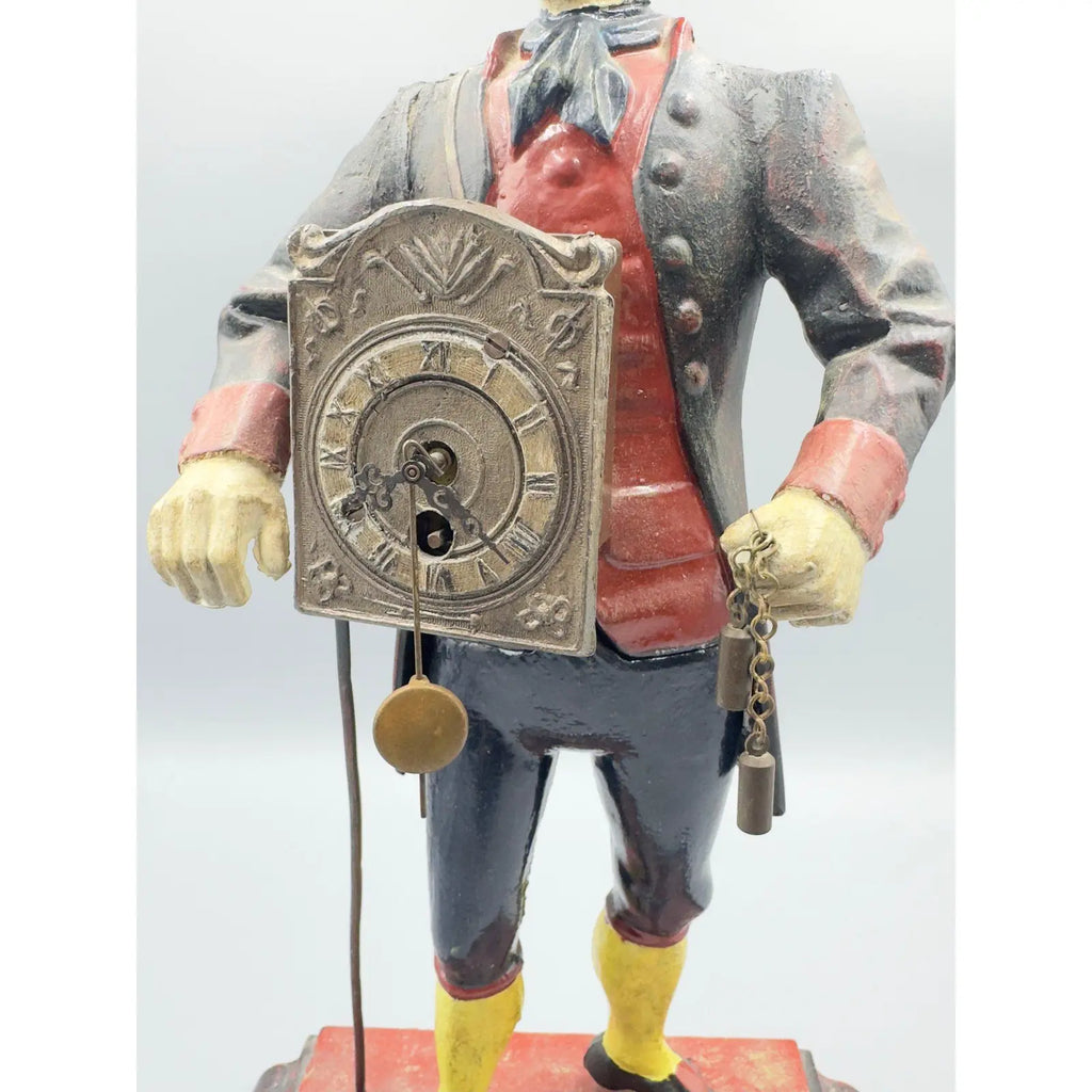 Antique Style Painted Cast Iron Dutch Peddler Clock Figure Folk Art Uhrenträger Mantelpiece Decor