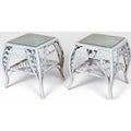 Vintage Boho Chic White Wicker Scrolled Side Tables With Glass Tops - A Pair