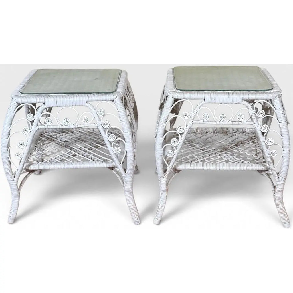 Vintage Boho Chic White Wicker Scrolled Side Tables With Glass Tops - A Pair