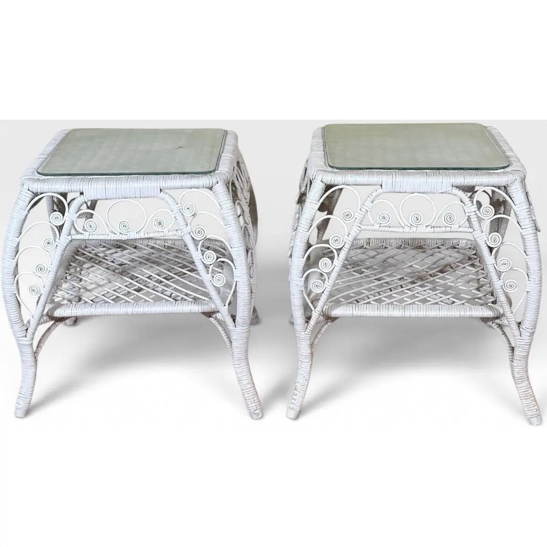 Vintage Boho Chic White Wicker Scrolled Side Tables With Glass Tops - A Pair