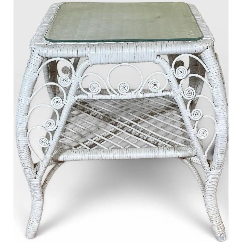 Vintage Boho Chic White Wicker Scrolled Side Tables With Glass Tops - A Pair