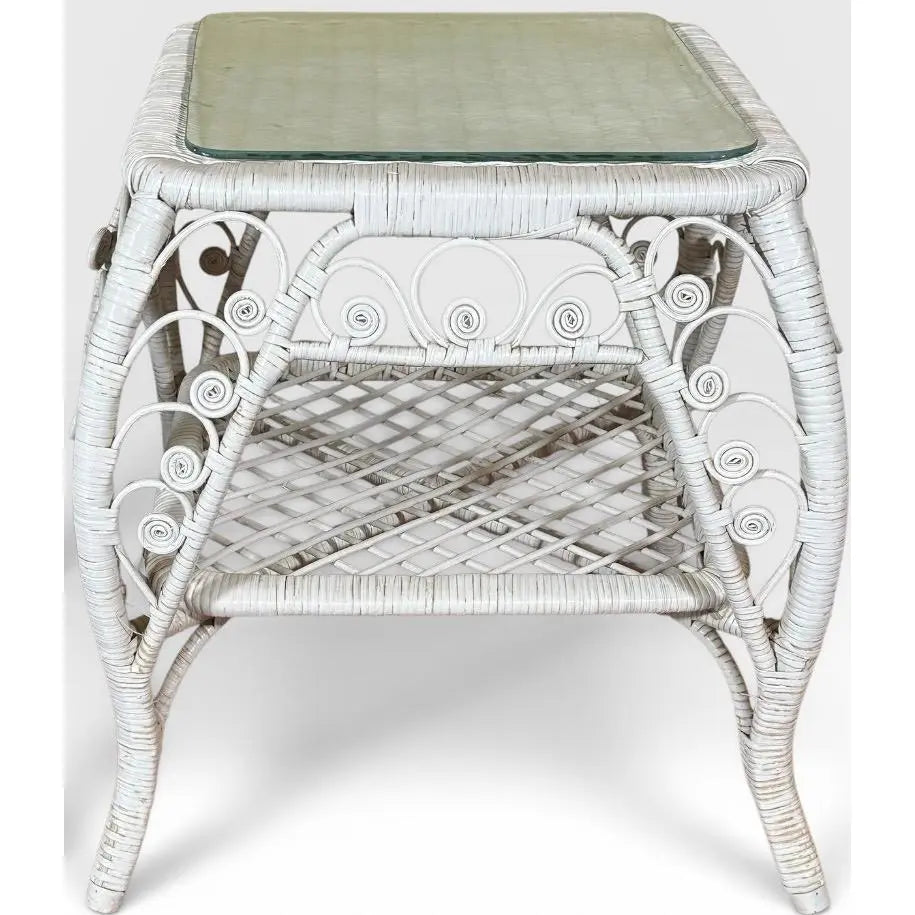 Vintage Boho Chic White Wicker Scrolled Side Tables With Glass Tops - A Pair