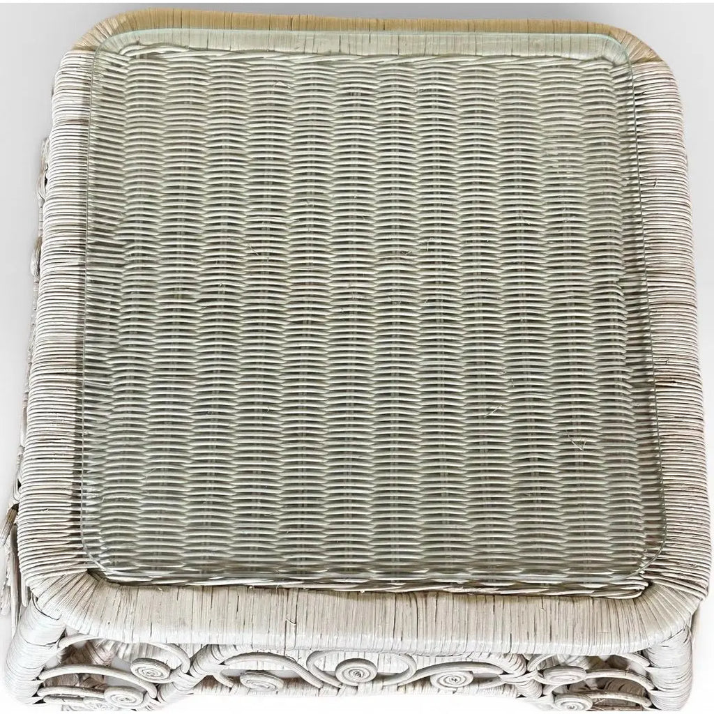 Vintage Boho Chic White Wicker Scrolled Side Tables With Glass Tops - A Pair