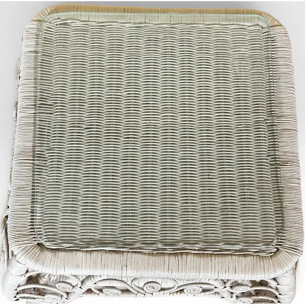 Vintage Boho Chic White Wicker Scrolled Side Tables With Glass Tops - A Pair