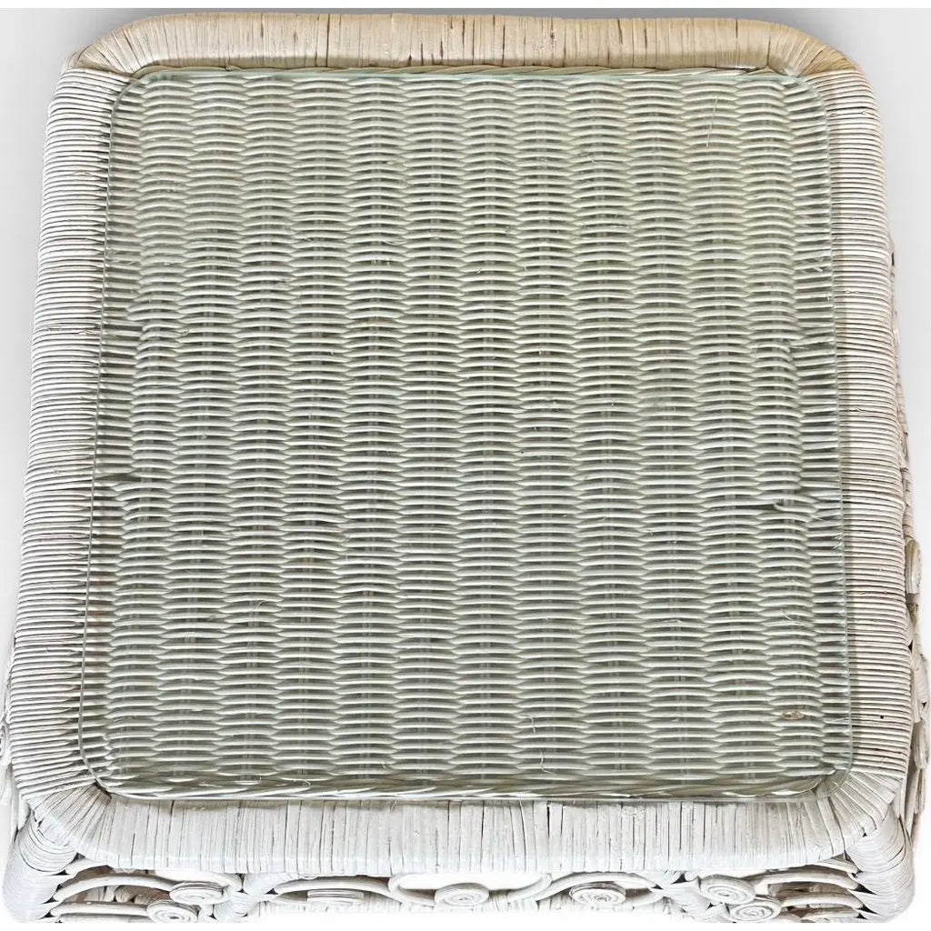 Vintage Boho Chic White Wicker Scrolled Side Tables With Glass Tops - A Pair