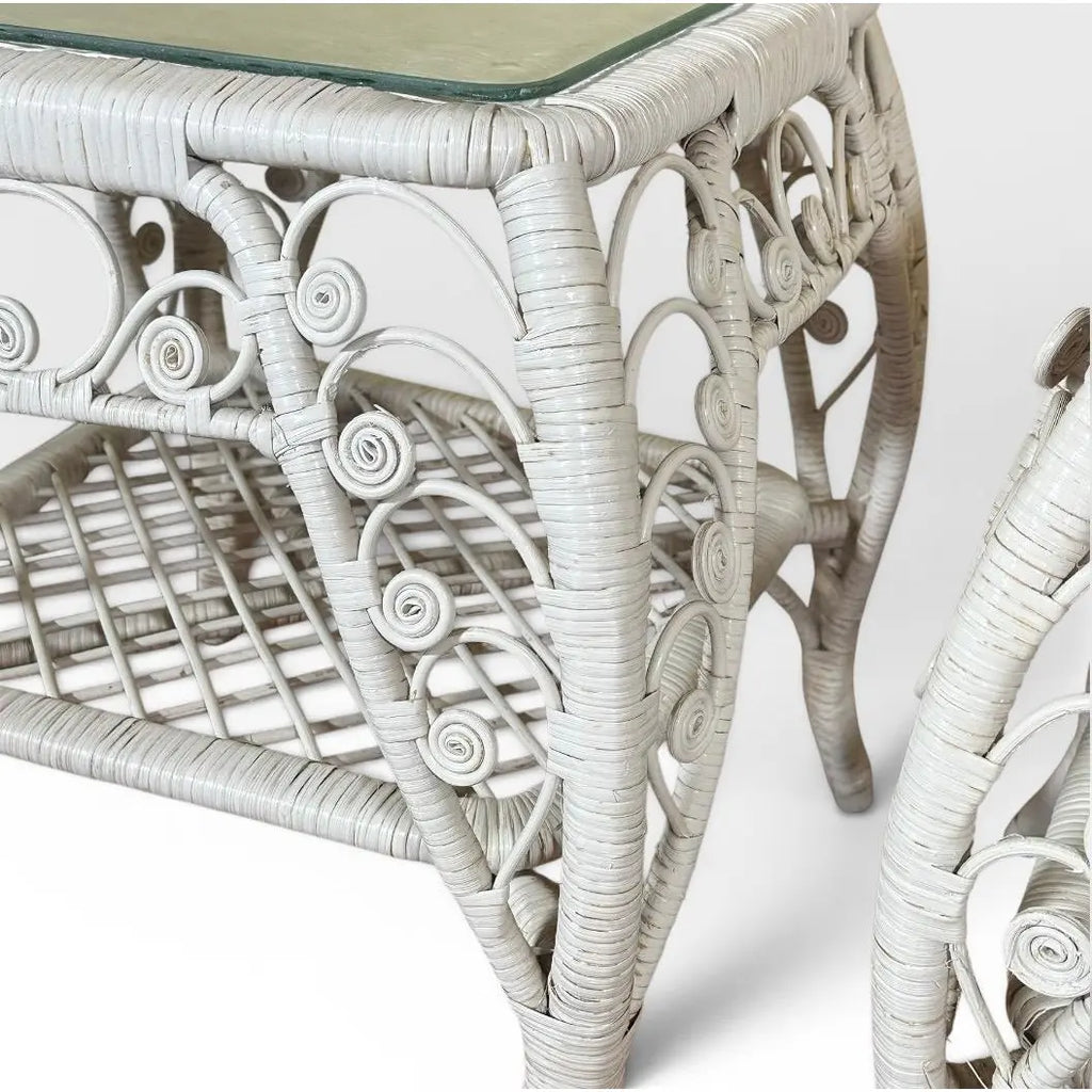 Vintage Boho Chic White Wicker Scrolled Side Tables With Glass Tops - A Pair