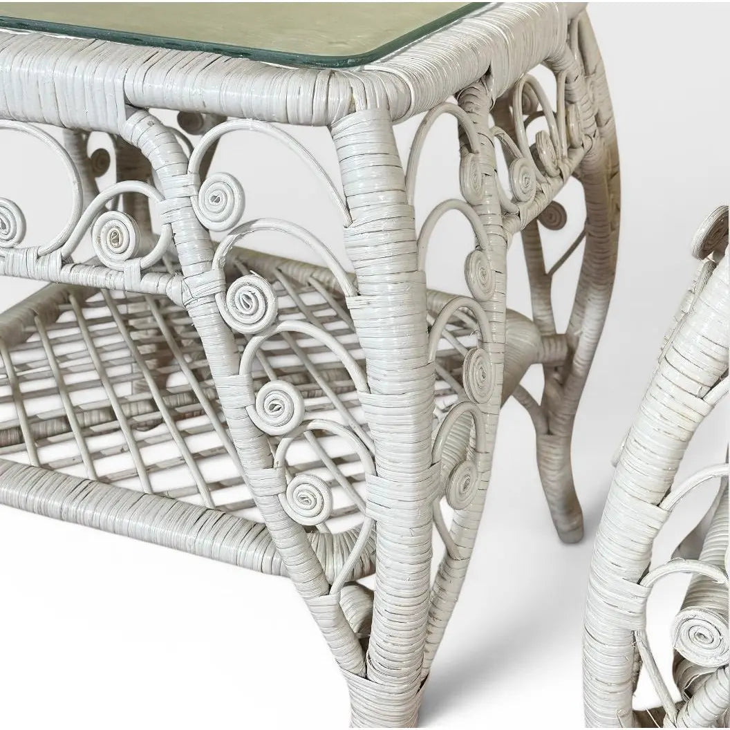 Vintage Boho Chic White Wicker Scrolled Side Tables With Glass Tops - A Pair