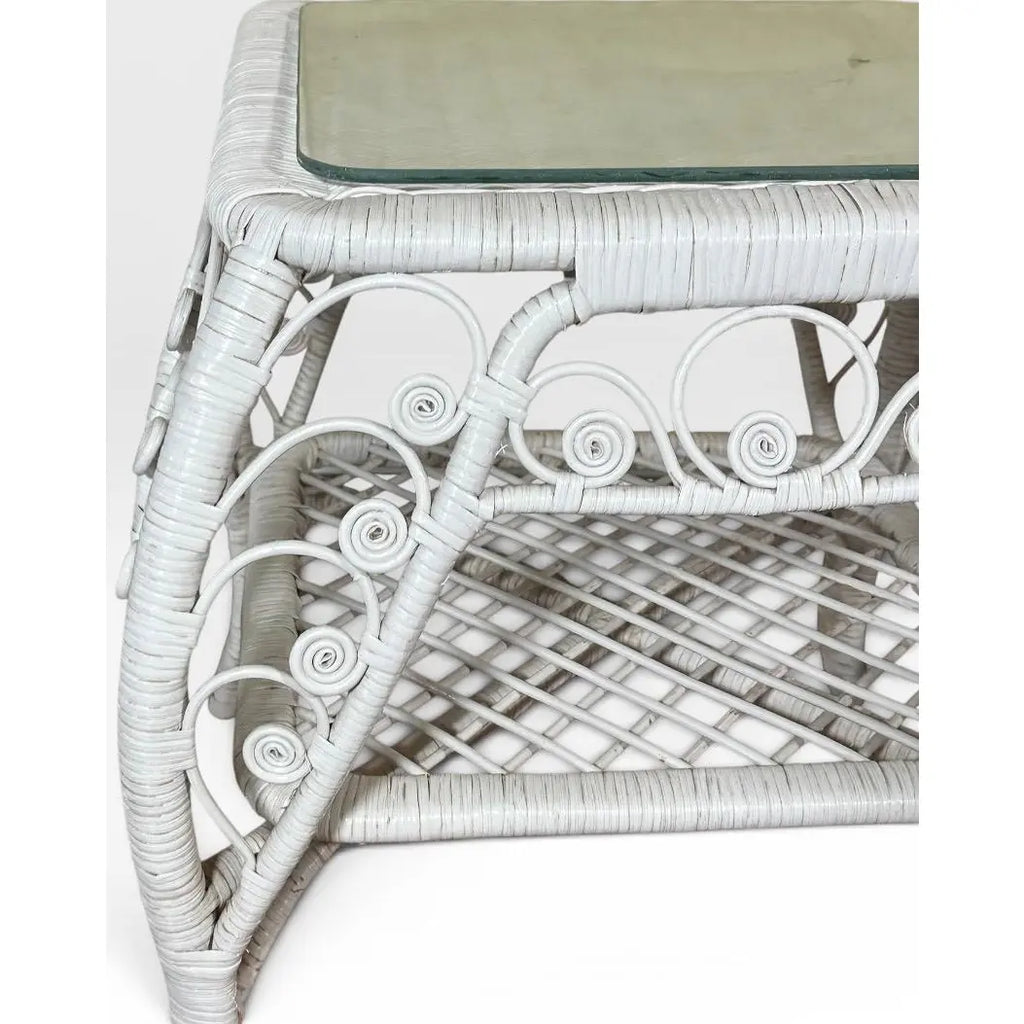 Vintage Boho Chic White Wicker Scrolled Side Tables With Glass Tops - A Pair
