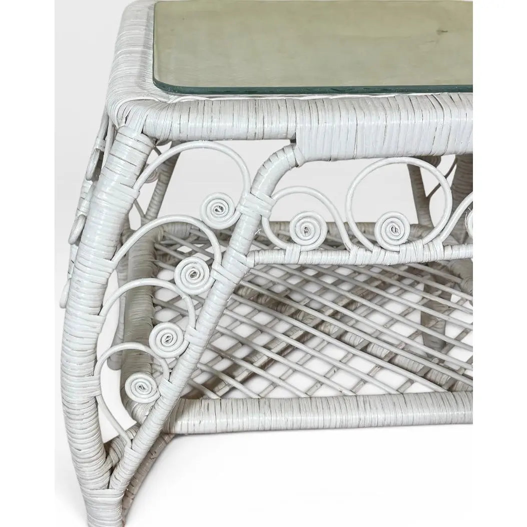 Vintage Boho Chic White Wicker Scrolled Side Tables With Glass Tops - A Pair