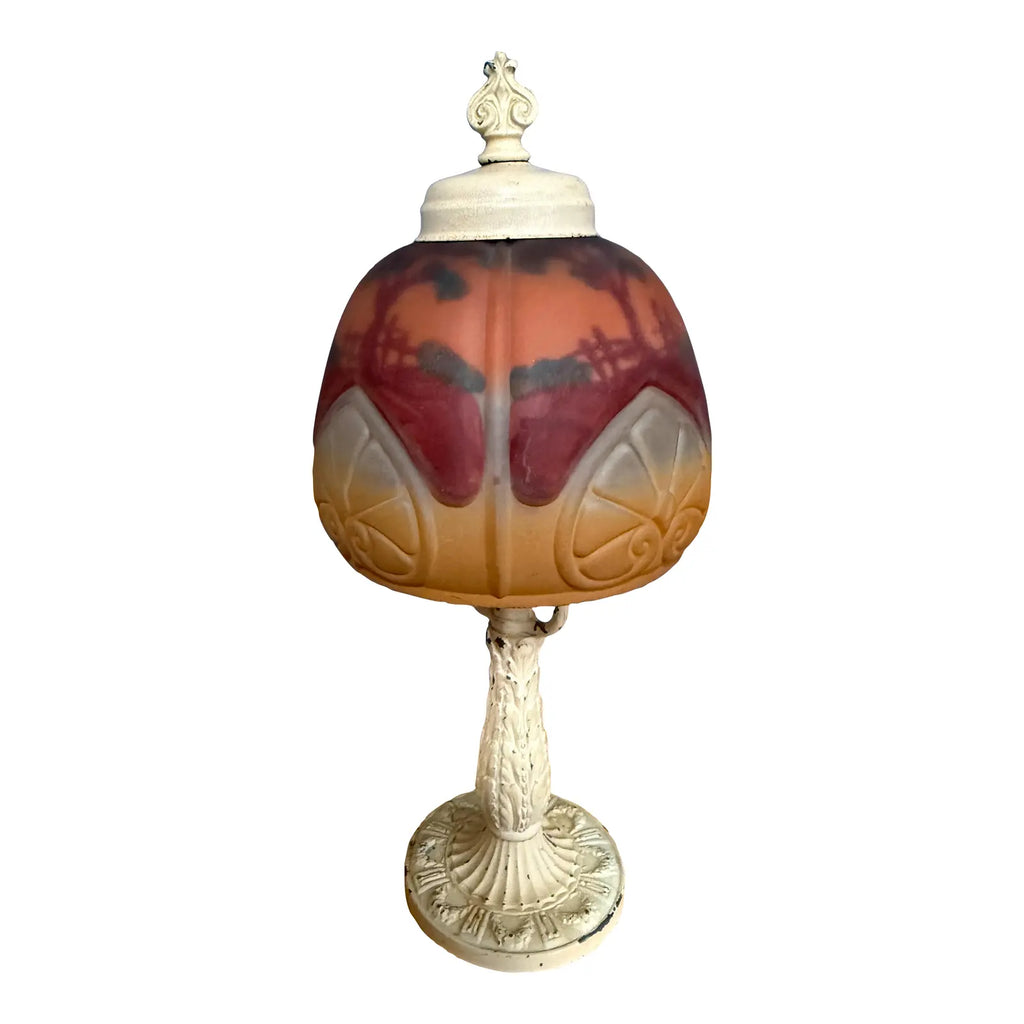 Antique 1920s Reverse Painted Puffed Glass Boudoir Lamp Jefferson Style Scenic Sunset