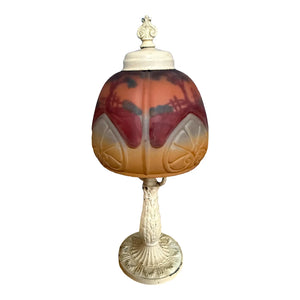 Antique 1920s Reverse Painted Puffed Glass Boudoir Lamp Jefferson Style Scenic Sunset
