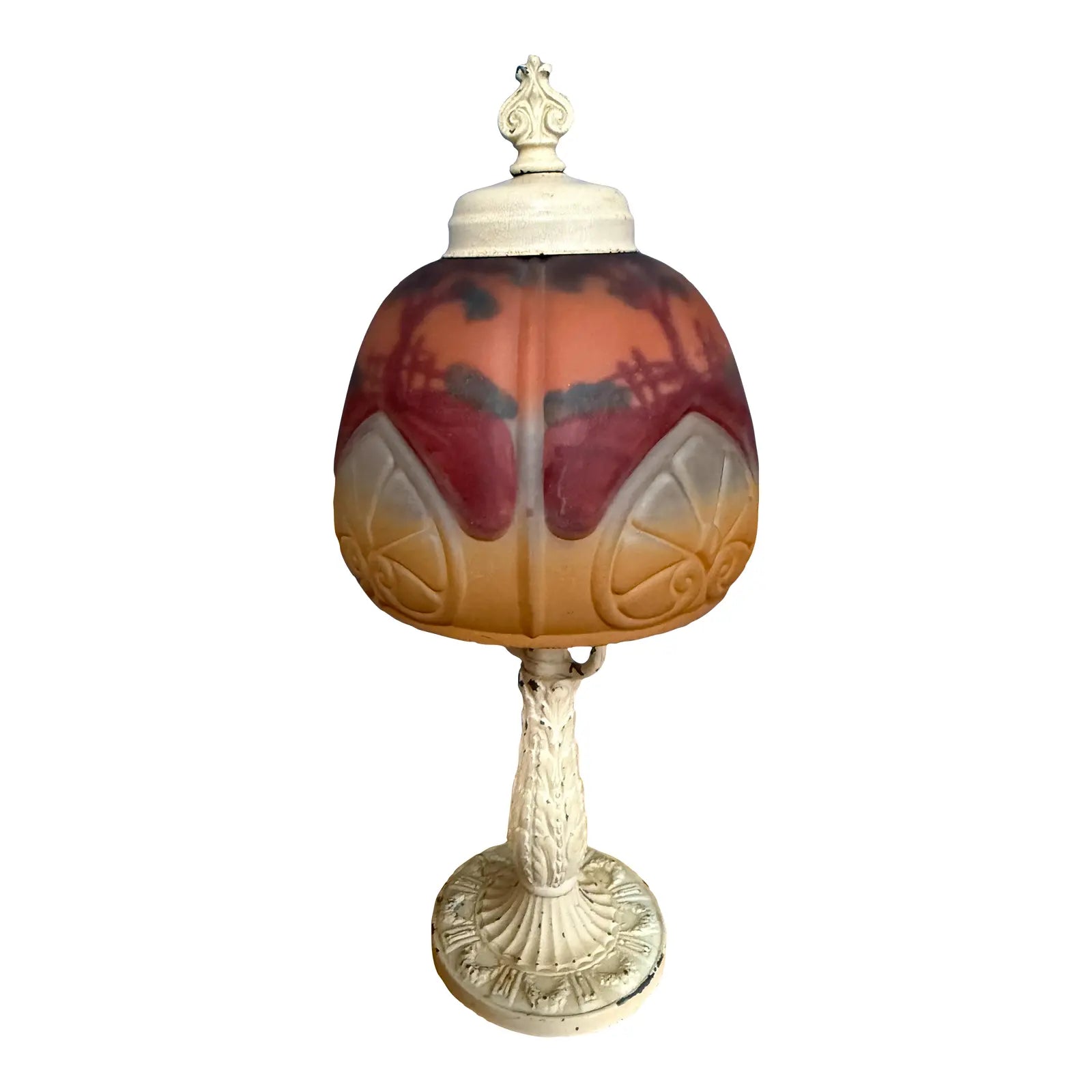 Antique 1920s Reverse Painted Puffed Glass Boudoir Lamp Jefferson Style Scenic Sunset