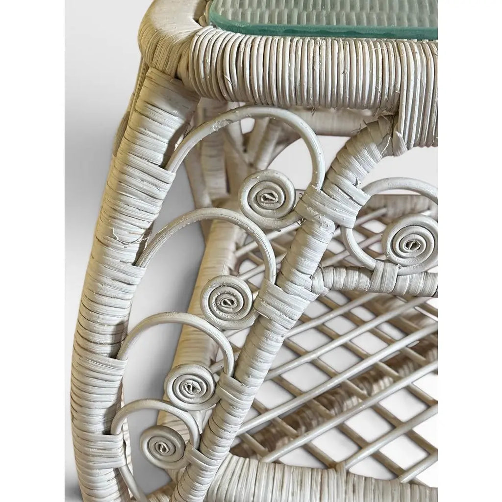 Vintage Boho Chic White Wicker Scrolled Side Tables With Glass Tops - A Pair