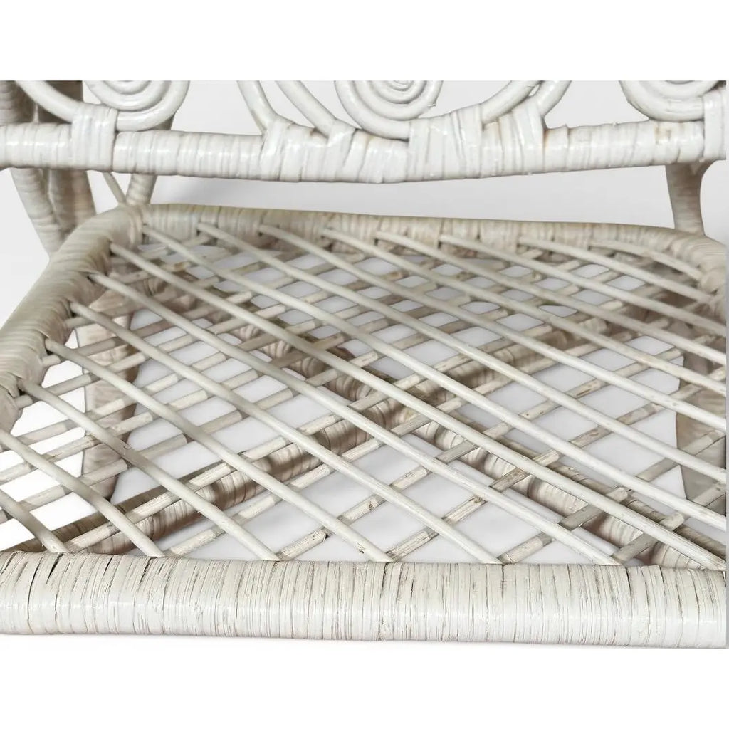Vintage Boho Chic White Wicker Scrolled Side Tables With Glass Tops - A Pair