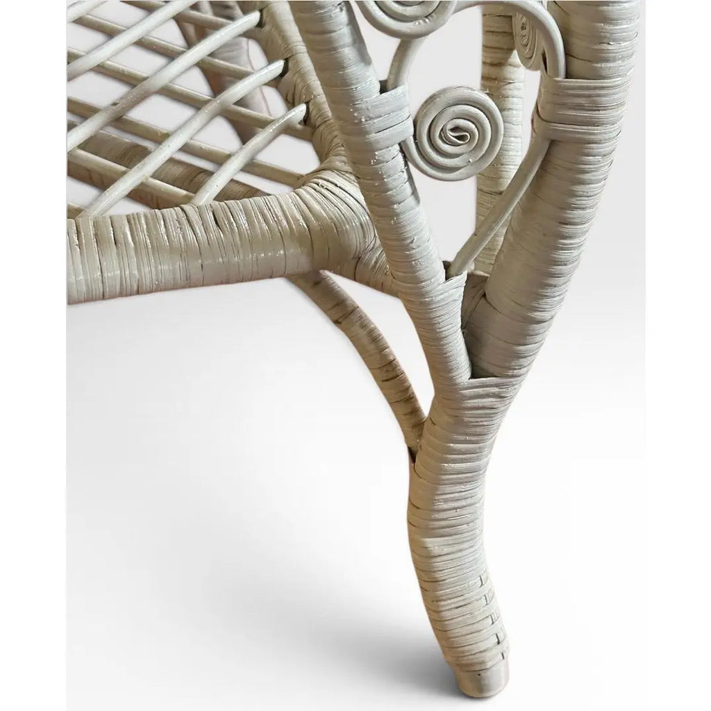 Vintage Boho Chic White Wicker Scrolled Side Tables With Glass Tops - A Pair
