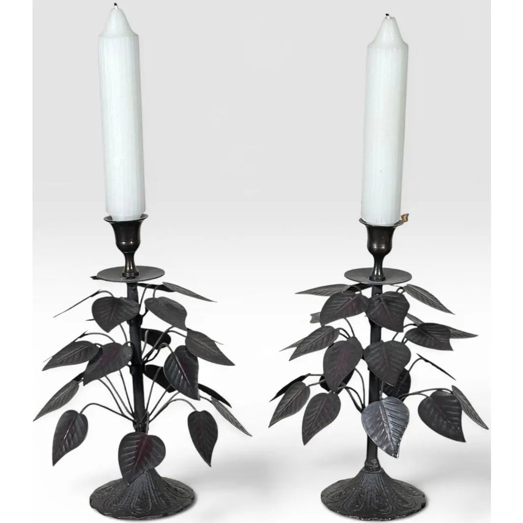 Vintage Brutalist Hollywood Regency Metal Leaf Candlesticks - A Pair