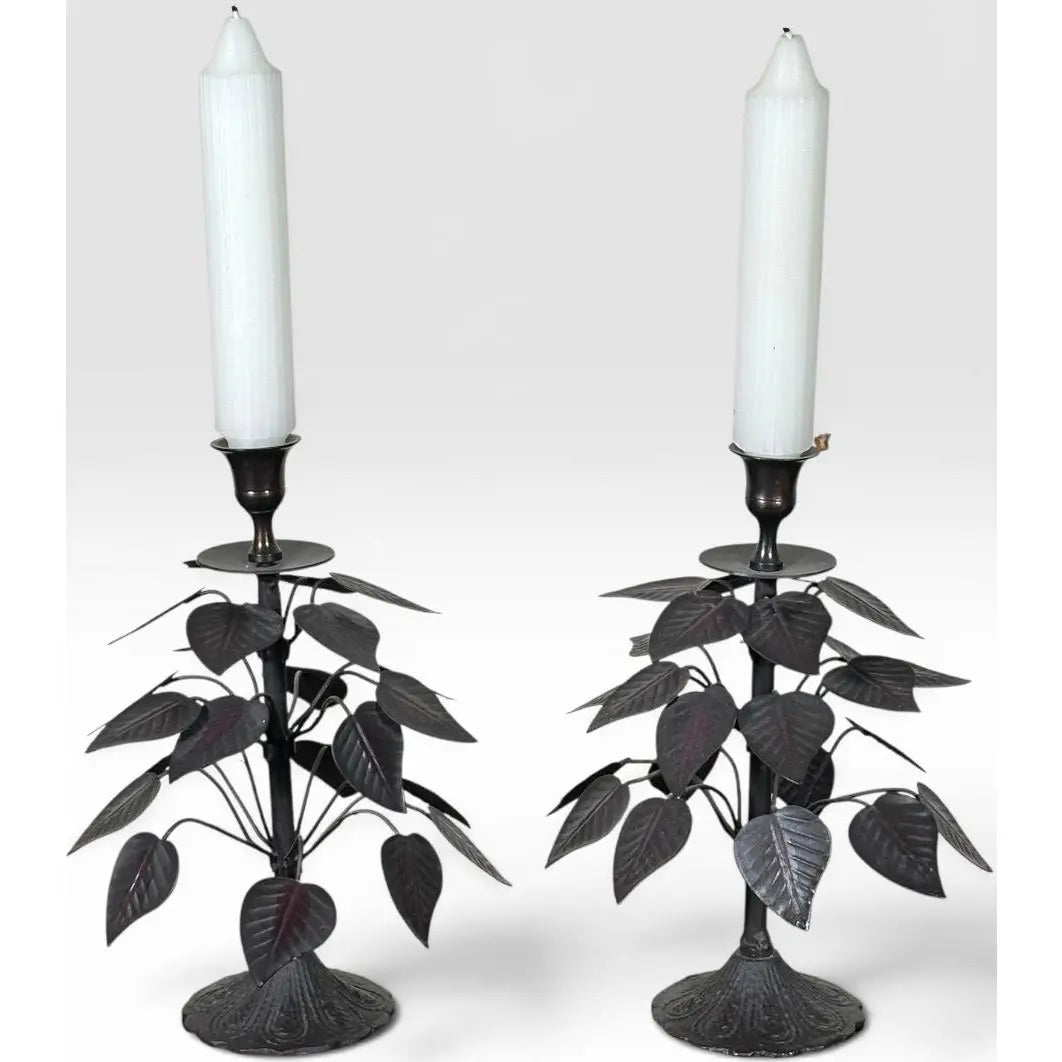 Vintage Brutalist Hollywood Regency Metal Leaf Candlesticks - A Pair