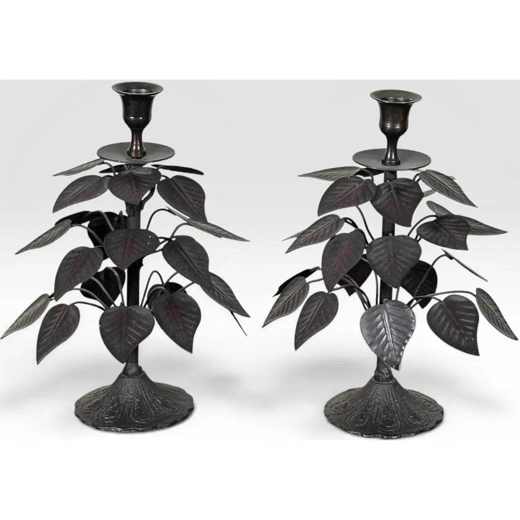Vintage Brutalist Hollywood Regency Metal Leaf Candlesticks - A Pair