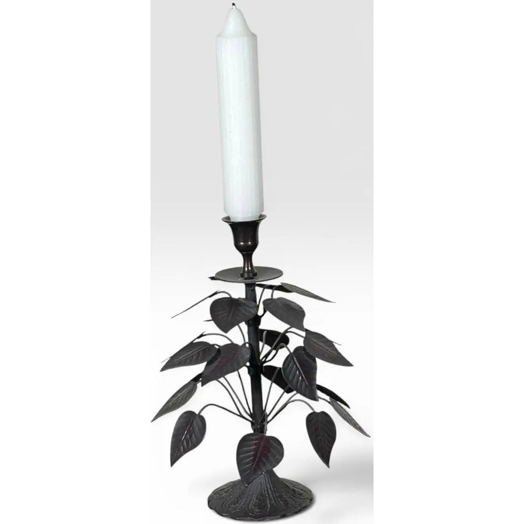 Vintage Brutalist Hollywood Regency Metal Leaf Candlesticks - A Pair
