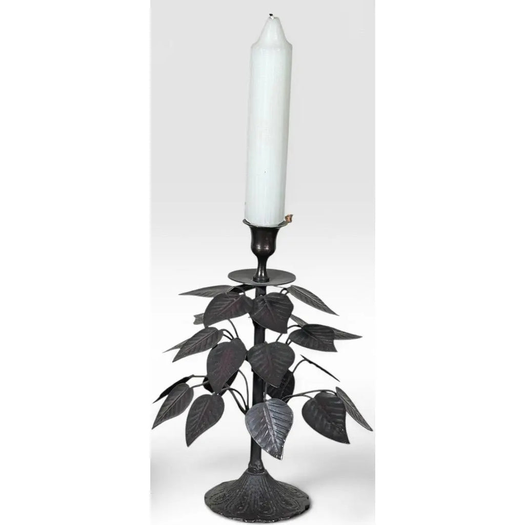 Vintage Brutalist Hollywood Regency Metal Leaf Candlesticks - A Pair