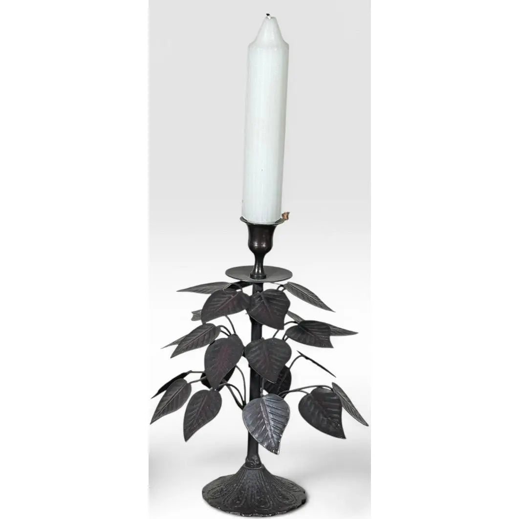 Vintage Brutalist Hollywood Regency Metal Leaf Candlesticks - A Pair
