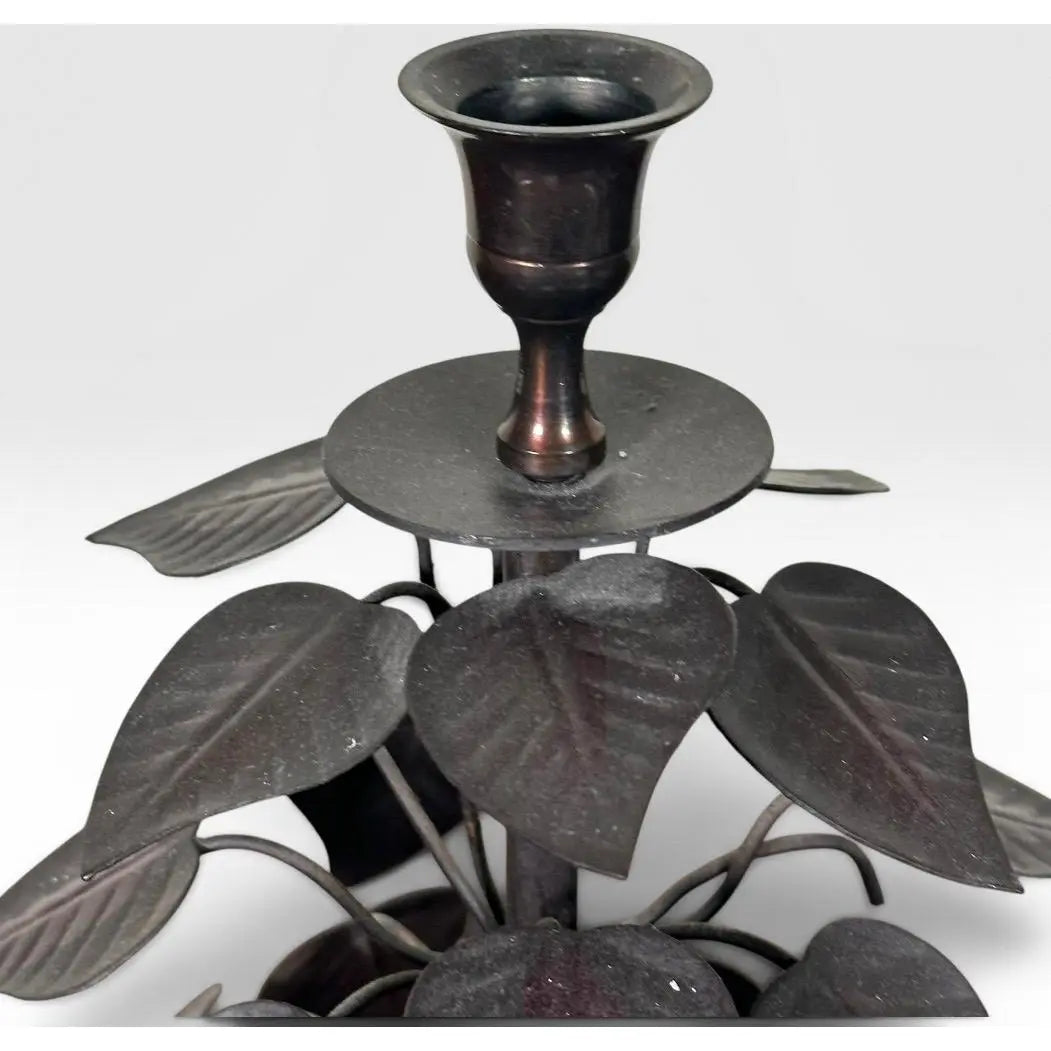Vintage Brutalist Hollywood Regency Metal Leaf Candlesticks - A Pair