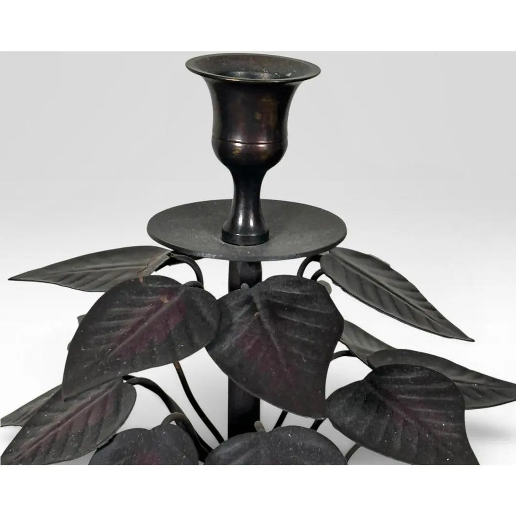 Vintage Brutalist Hollywood Regency Metal Leaf Candlesticks - A Pair