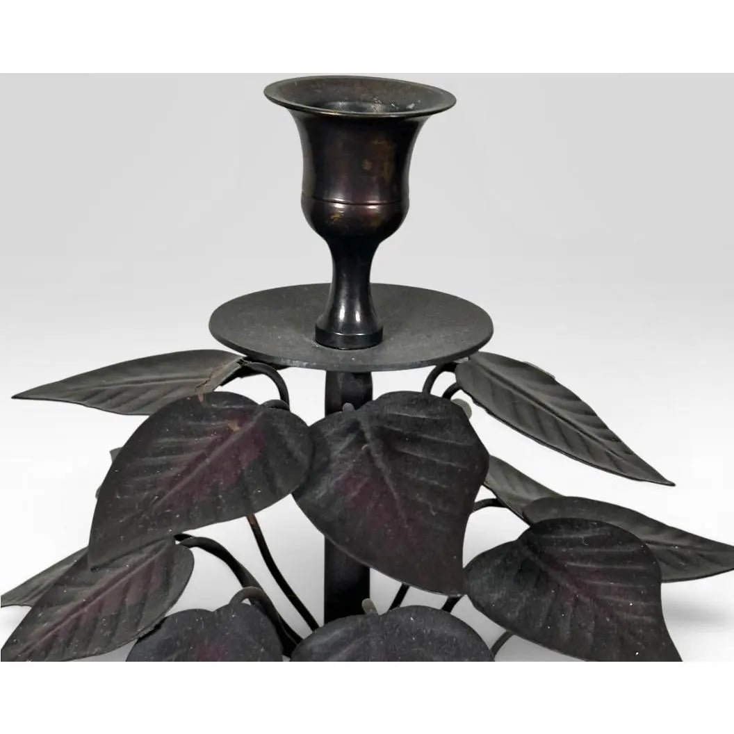 Vintage Brutalist Hollywood Regency Metal Leaf Candlesticks - A Pair
