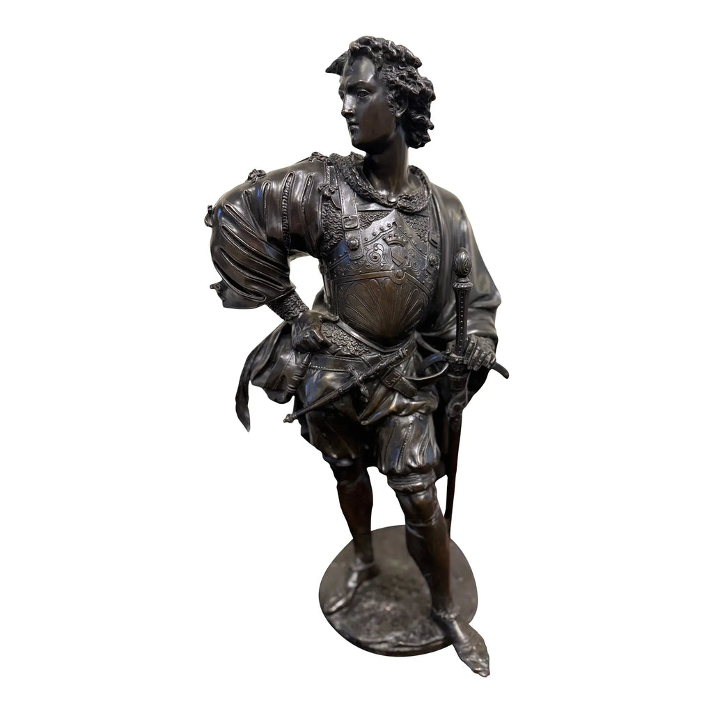 Antique 25” Signed 19th Century French Bronze Sculpture The Landsknecht Cavalier by Albert-Ernest Carrier Belleuse