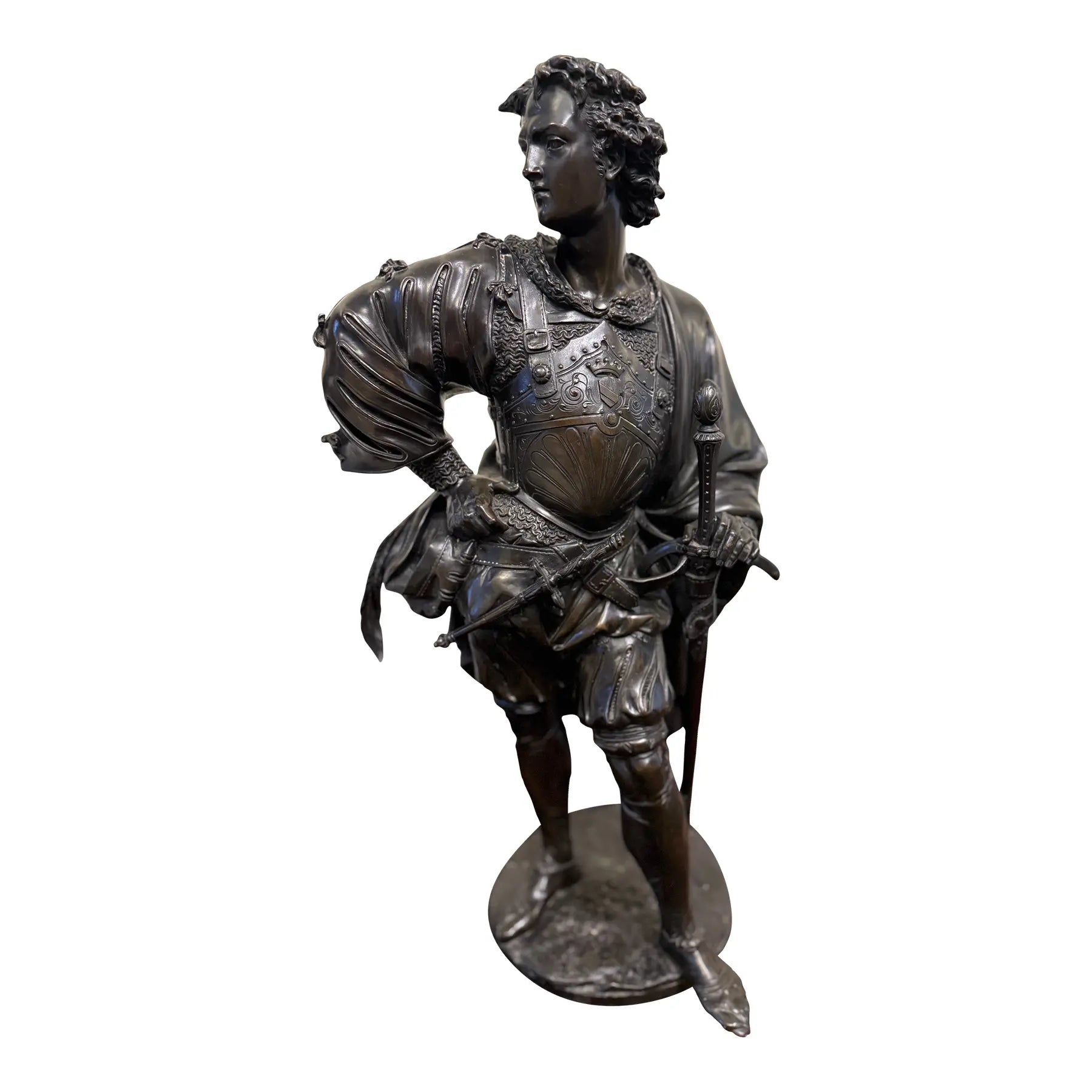Antique 25” Signed 19th Century French Bronze Sculpture The Landsknecht Cavalier by Albert-Ernest Carrier Belleuse