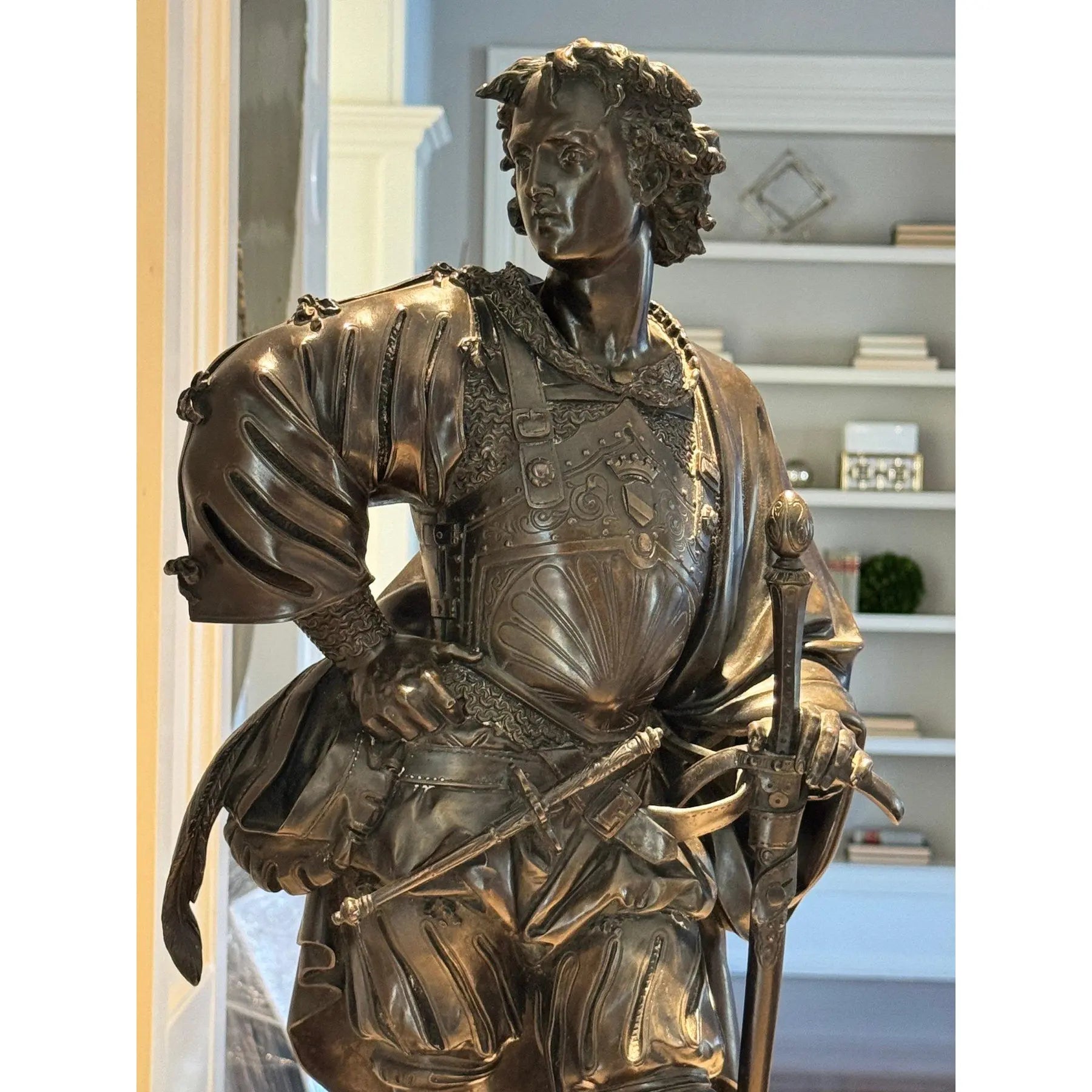 Antique 25” Signed 19th Century French Bronze Sculpture The Landsknecht Cavalier by Albert-Ernest Carrier Belleuse