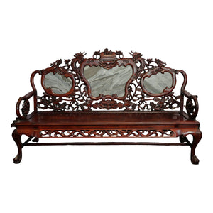 Magnificent Mid Century 66” Chinese Hand-Carved Rosewood (Hongmu) and Dali Dreamstone Marble Settee