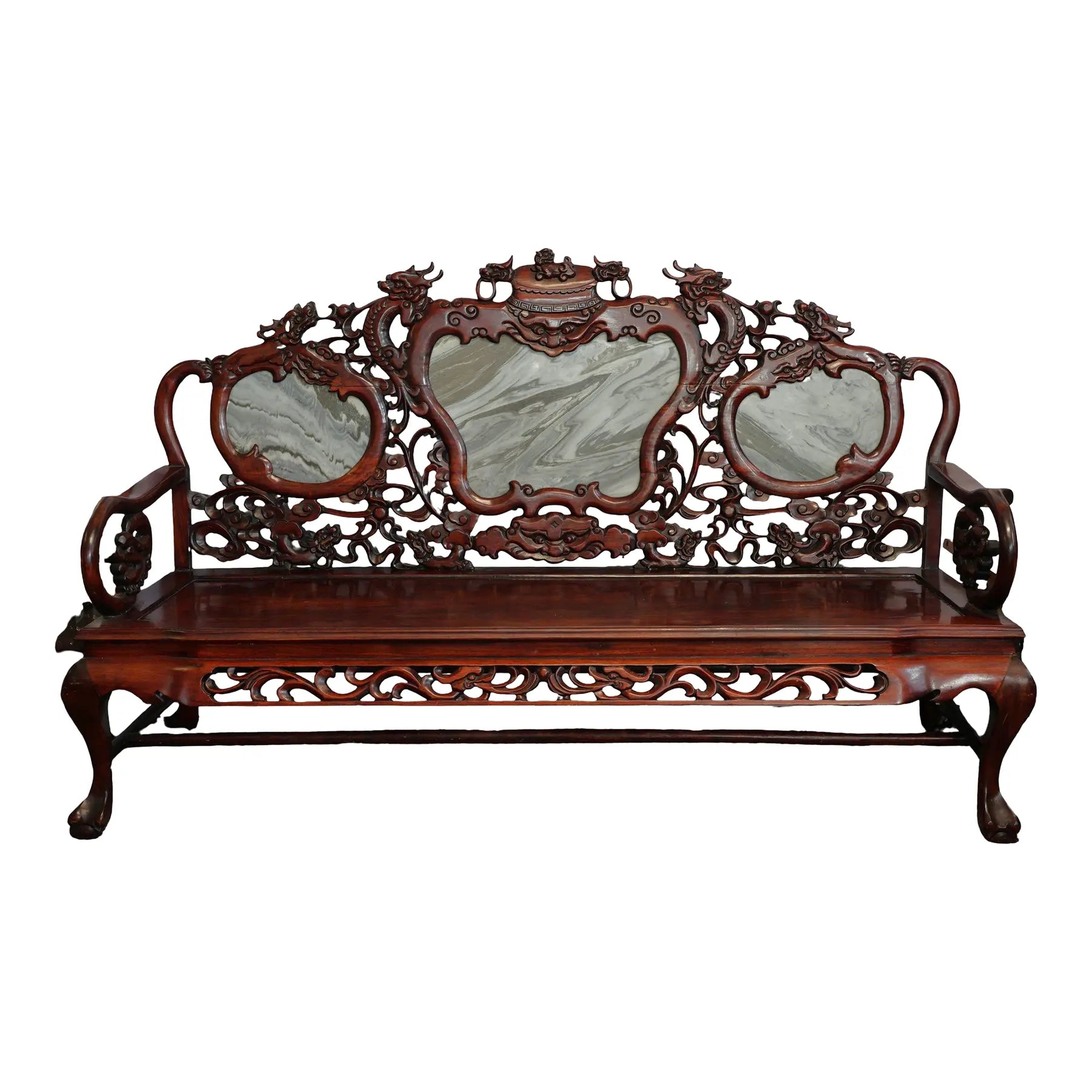 Magnificent Mid Century 66” Chinese Hand-Carved Rosewood (Hongmu) and Dali Dreamstone Marble Settee