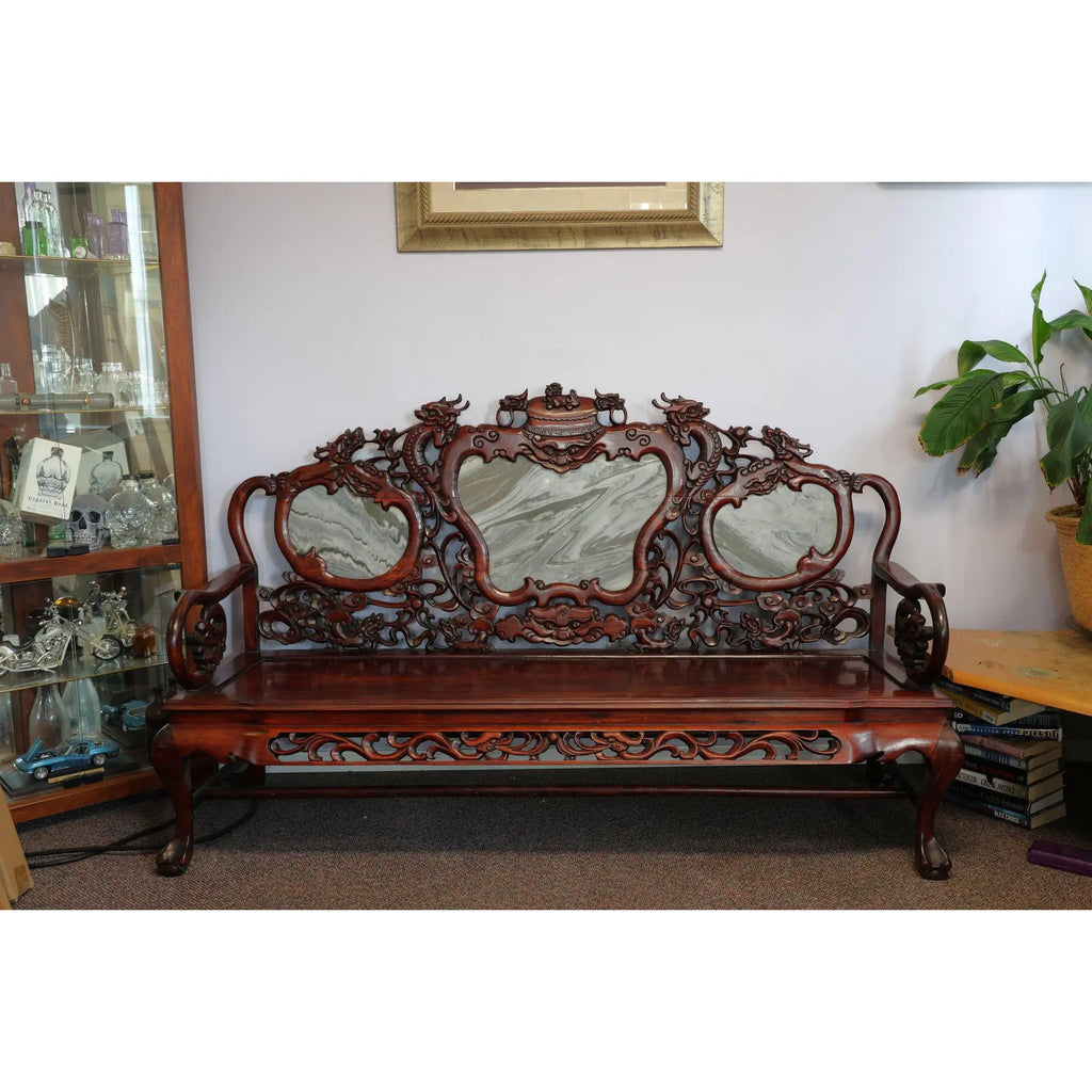 Magnificent Mid Century 66” Chinese Hand-Carved Rosewood (Hongmu) and Dali Dreamstone Marble Settee