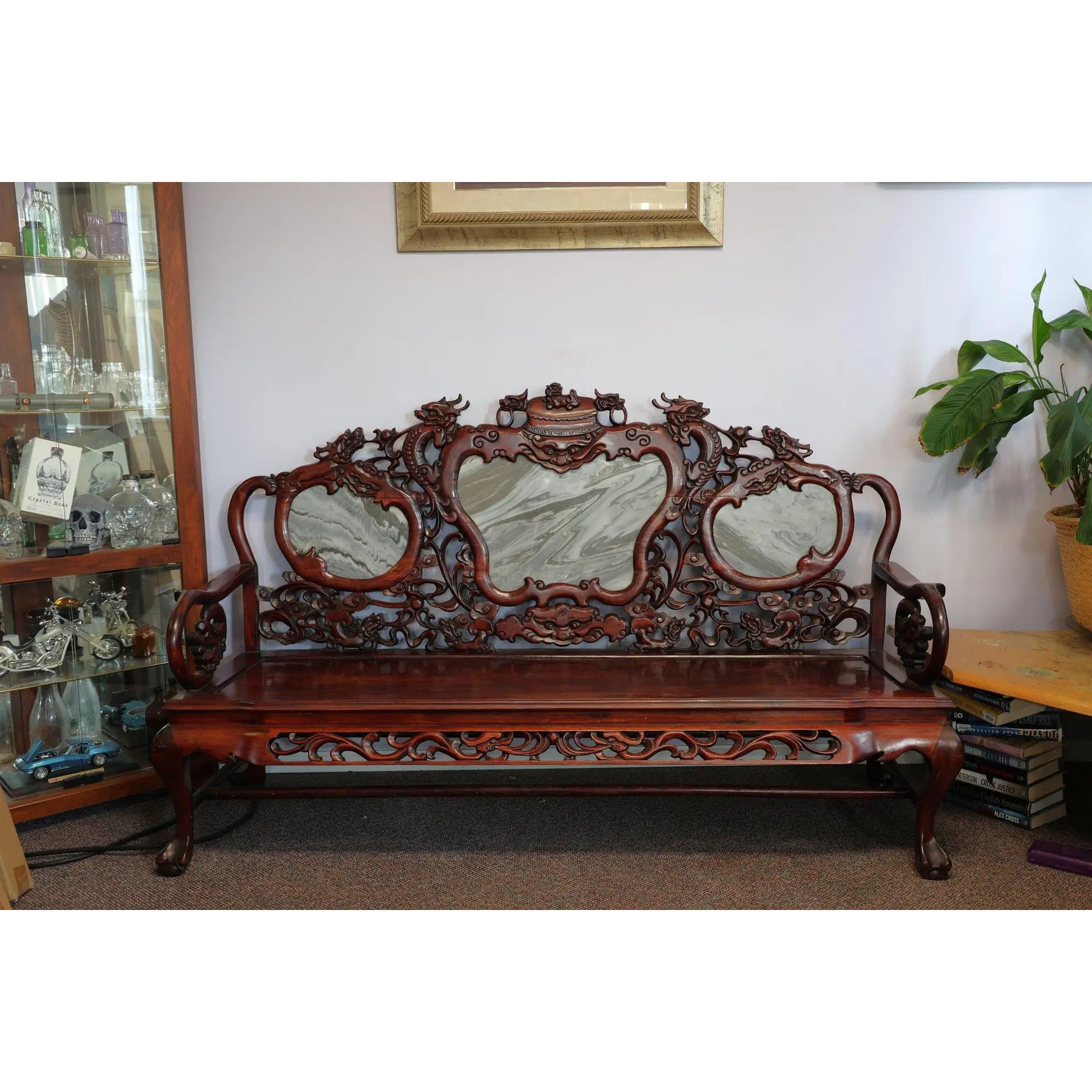 Magnificent Mid Century 66” Chinese Hand-Carved Rosewood (Hongmu) and Dali Dreamstone Marble Settee