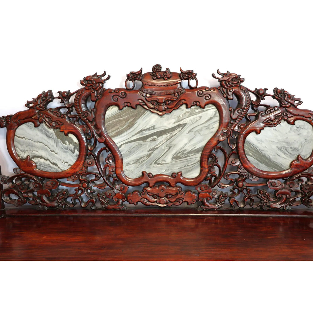 Magnificent Mid Century 66” Chinese Hand-Carved Rosewood (Hongmu) and Dali Dreamstone Marble Settee