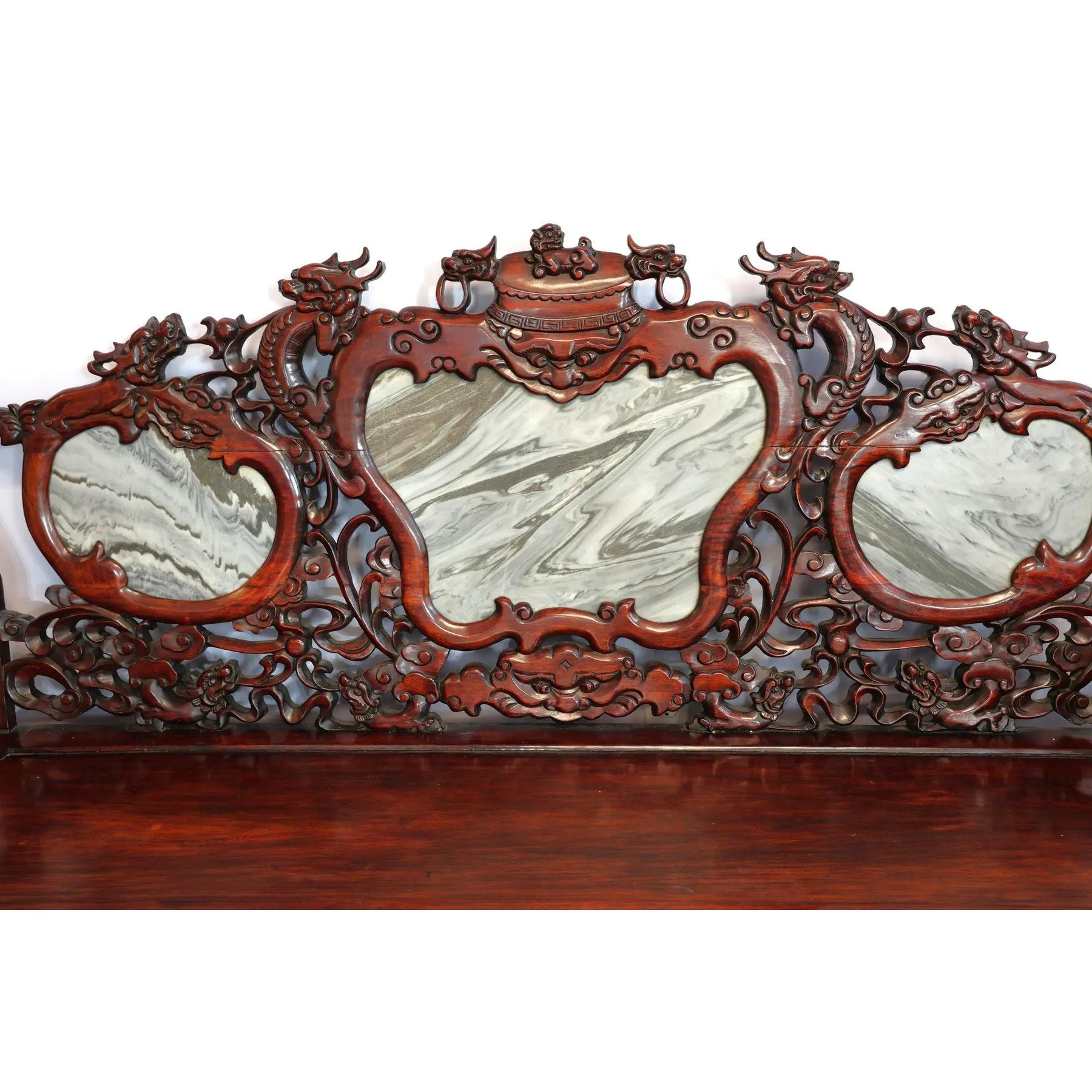 Magnificent Mid Century 66” Chinese Hand-Carved Rosewood (Hongmu) and Dali Dreamstone Marble Settee