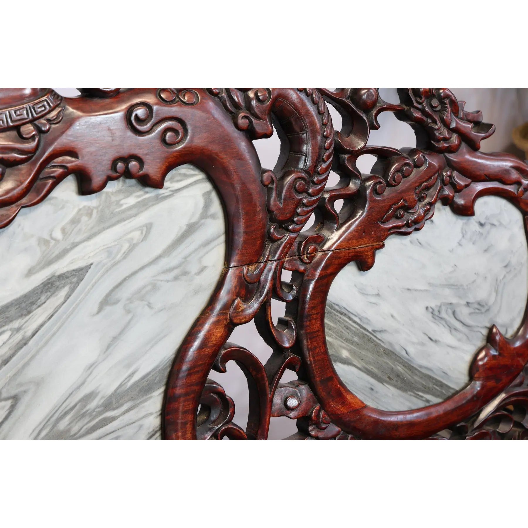 Magnificent Mid Century 66” Chinese Hand-Carved Rosewood (Hongmu) and Dali Dreamstone Marble Settee